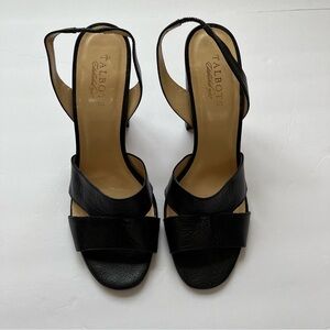 Talbots Black Leather Sling Back Open Toe Wood Block Heels